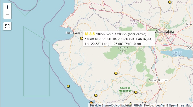 SISMO 1 - Reportan sismo de magnitud 3.5 grados al sureste de Vallarta