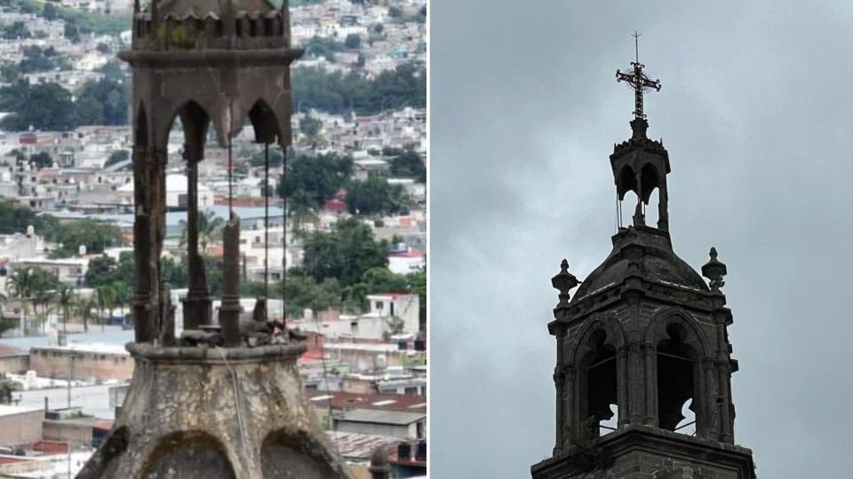 danasismotorresuperiosdelcampanarios1 - Sismo daña torre superior del campanario de la catedral de Tepic
